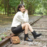 Damen Retro Kurze Stiefel für Kalte Winter Schwarz Kurze Plüsch Futter Seitlicher Reißverschluss